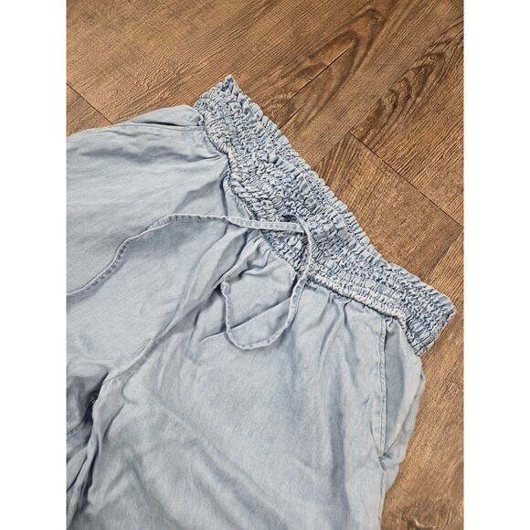 SO Women's Small Wide Leg Light Wash Cambray Elastic Waist Pants Denim Thin - Picture 2 of 5